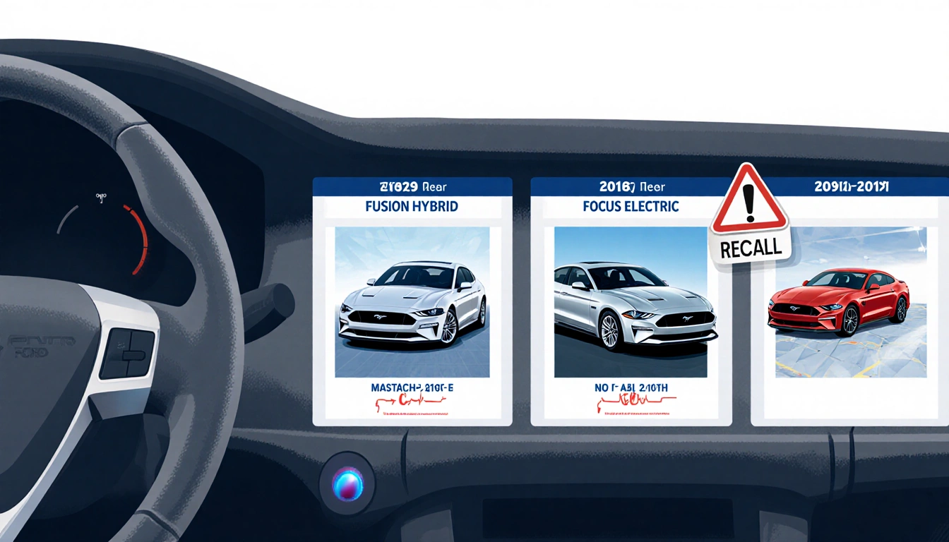 Dashboard displays electric and hybrid car models with a flashing warning light indicating a recall notice