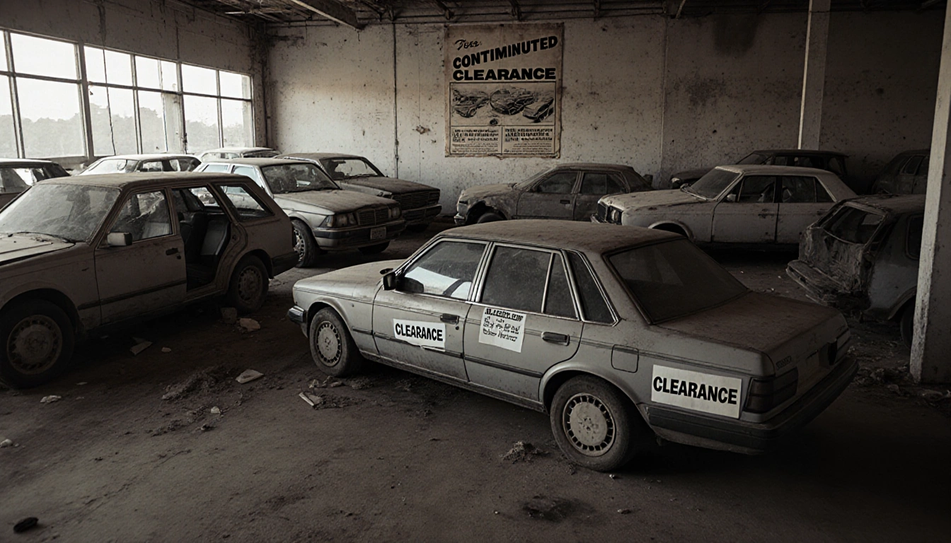 Workers unloading cars in a cluttered dealership showroom with clearance stickers and a faded advertisement in the background
