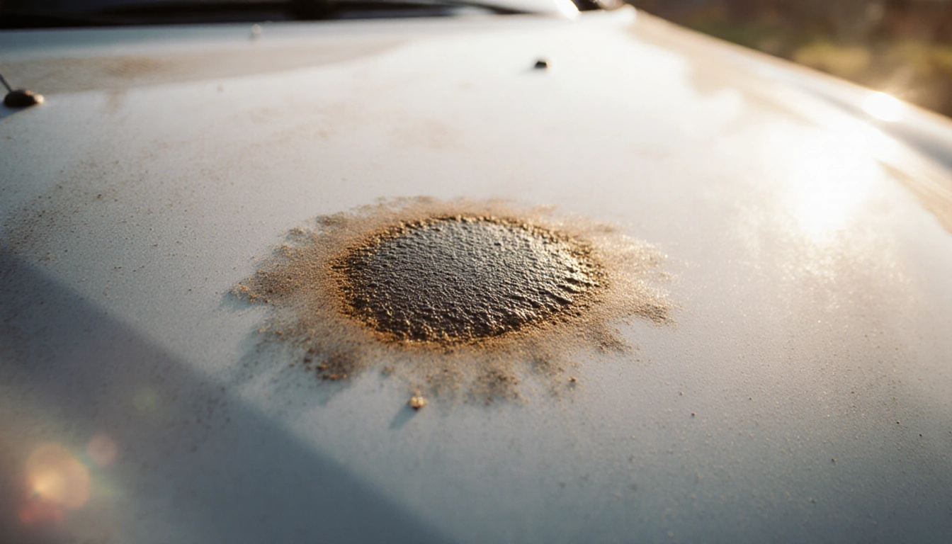 Car hood showing dried tree sap stain with weathered patch and surrounding grime in warm natural light