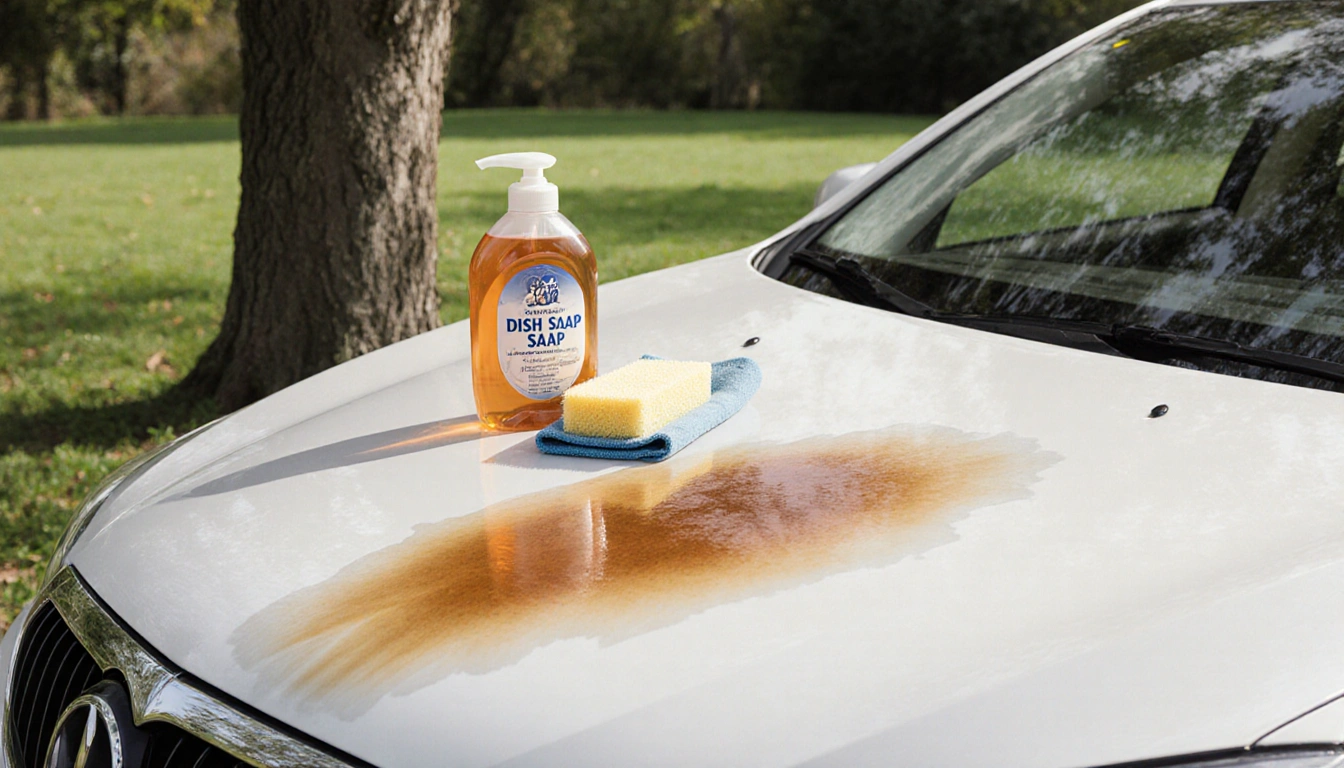 Car displaying bright sap stain on hood with soap bottle and cloth next to it and a tree nearby.