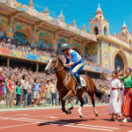 Racing car Silk Eyes thundering past the finish line with a jubilant Venezuelan crowd and ornate stadium murals