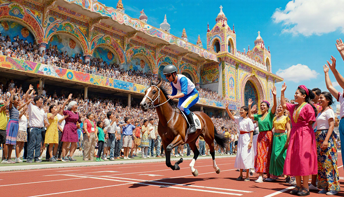 Racing car Silk Eyes thundering past the finish line with a jubilant Venezuelan crowd and ornate stadium murals