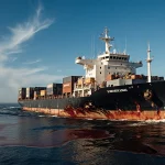 Cargo ship leaking oil with cracked hull and fuel slicks near Navy vessels under blue sky.