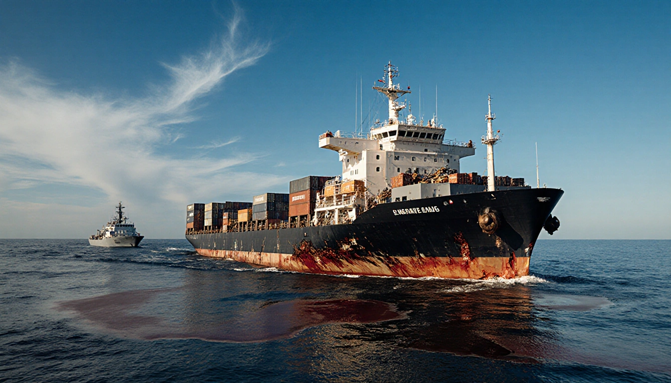 Cargo ship leaking oil with cracked hull and fuel slicks near Navy vessels under blue sky.
