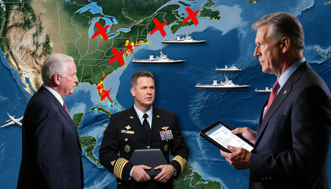 Defense Secretary holding briefcase and tablet with Caribbean map and U.S. Navy vessels in background and politician watches.