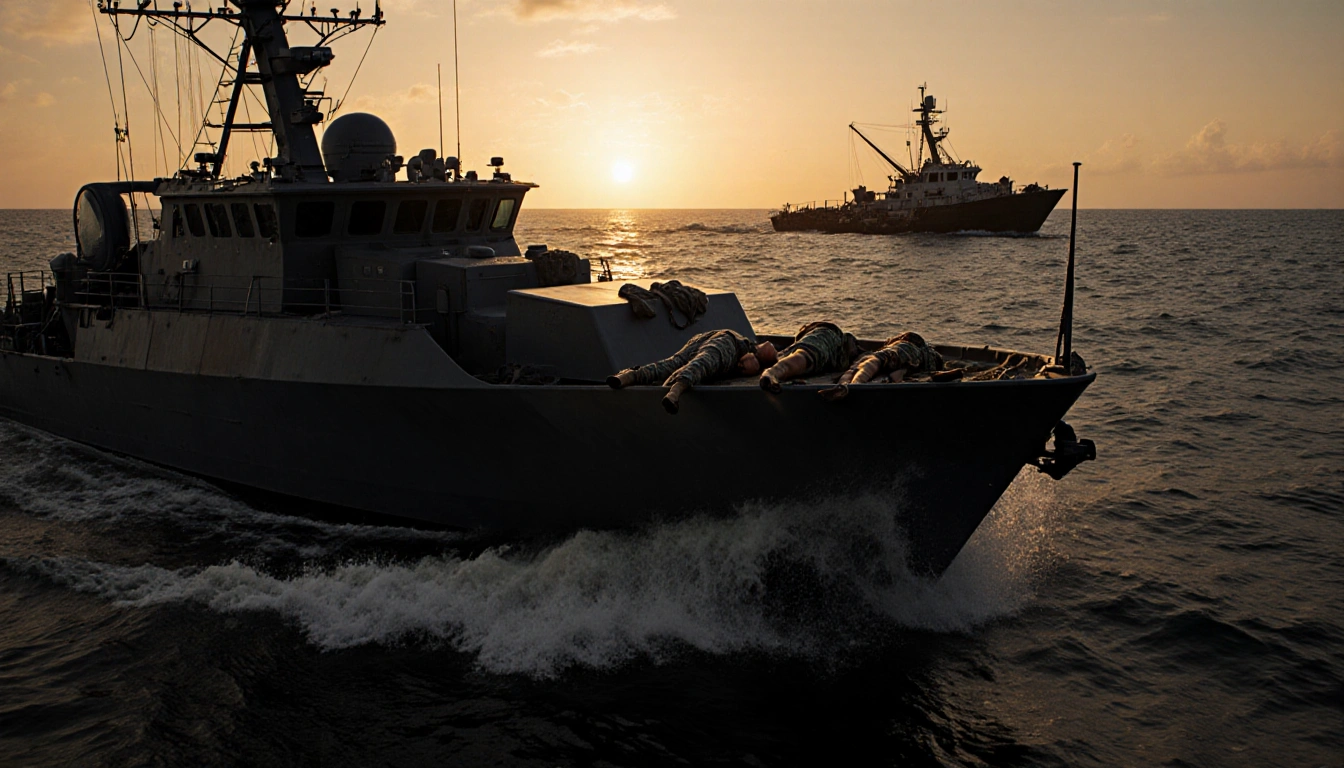 Two lifeless bodies lie on the bow of a black military boat with waves crashing against it and a sunset glow over the Caribbe