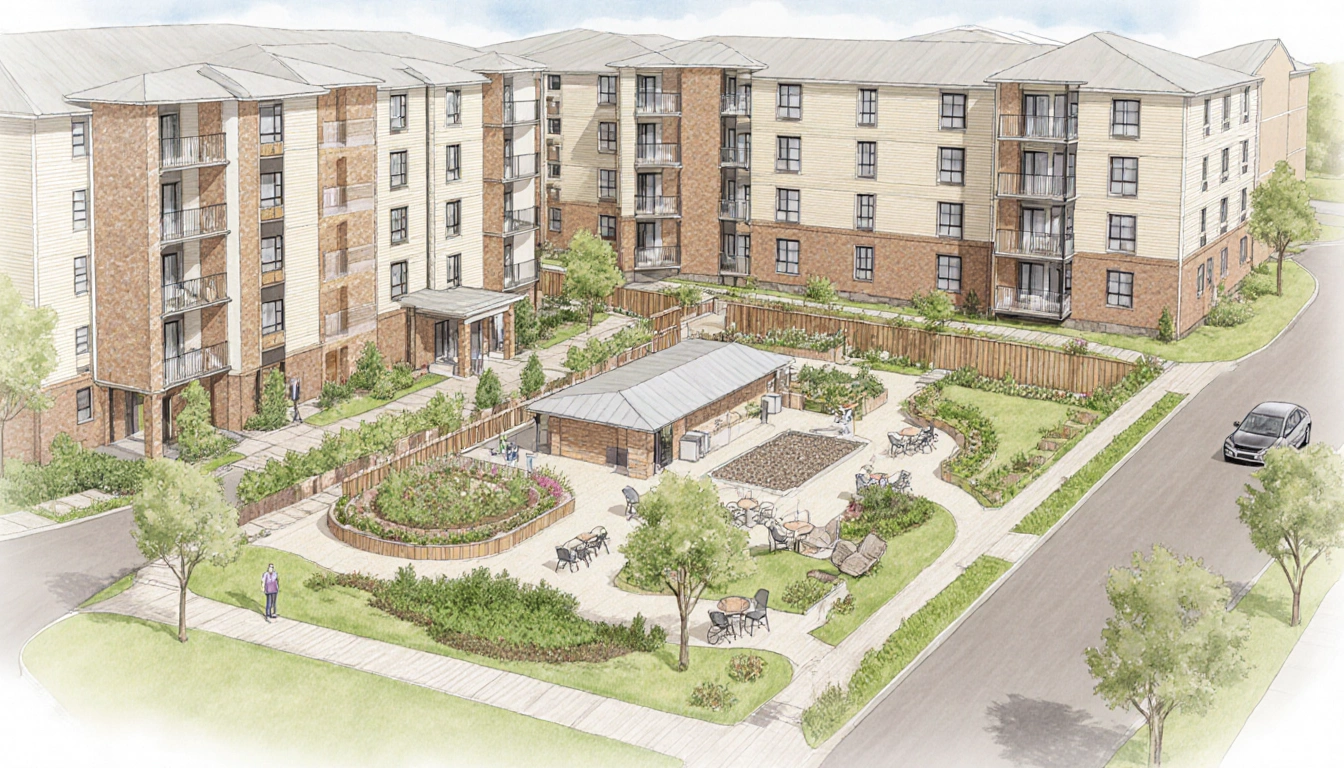 Senior-friendly apartments rise with cozy furniture and private bathrooms.