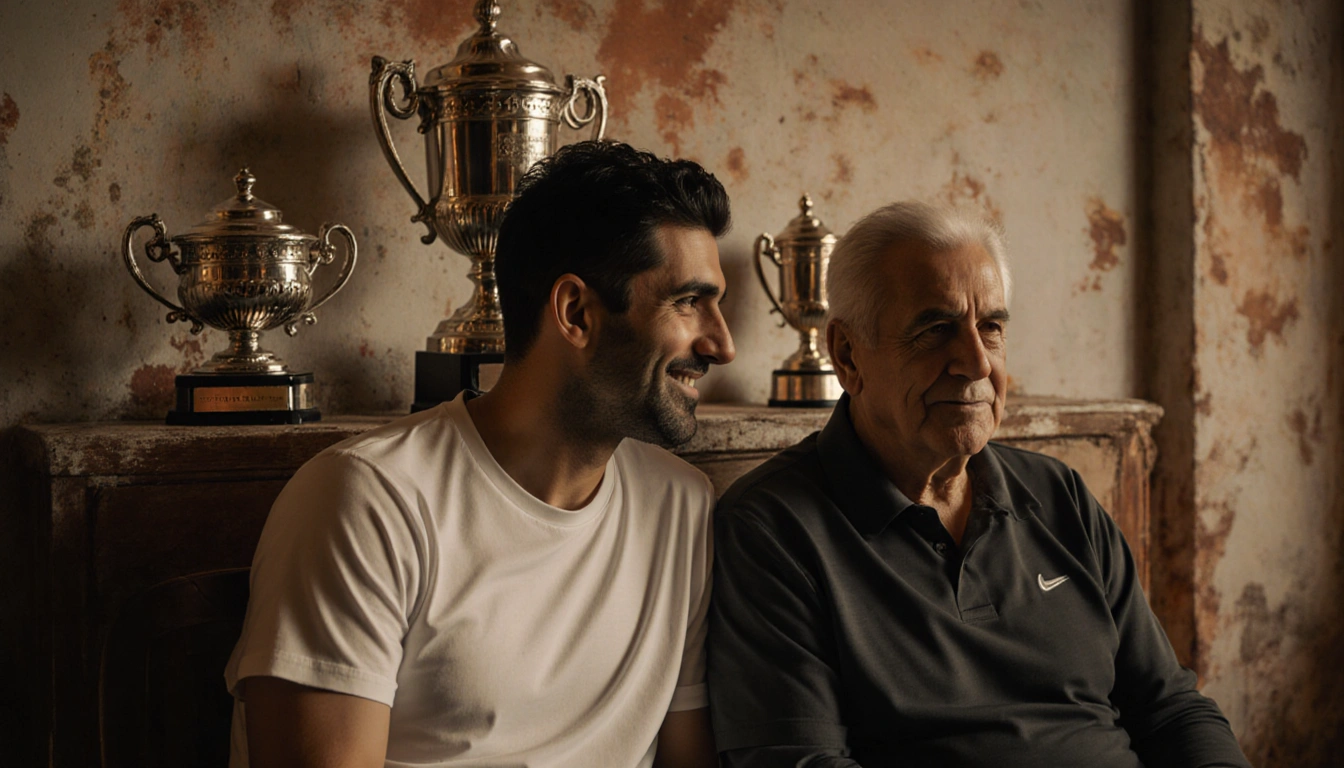 Carlos Alcaraz gazing at his coach Juan Carlos Ferrero with warm expression near tennis trophies