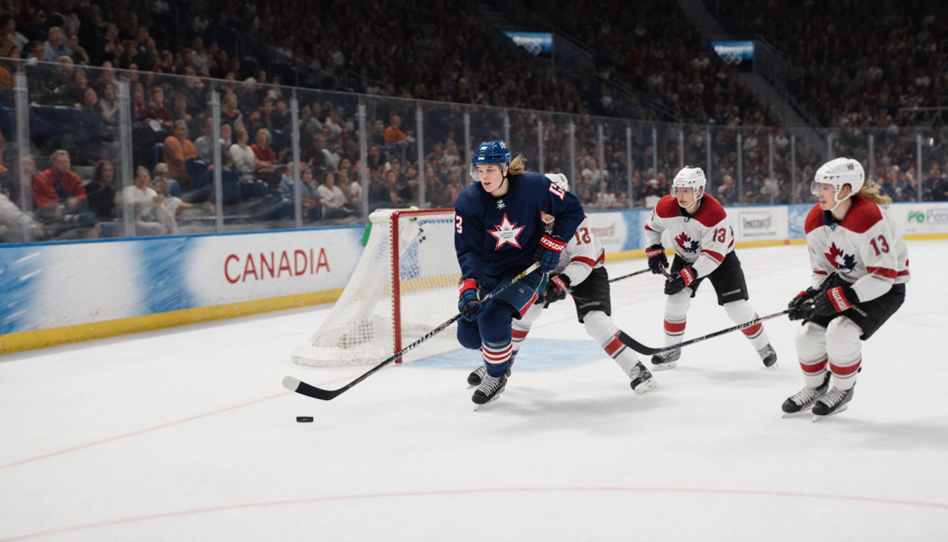 Caroline Harvey scoring a goal with speed and agility on blurred ice with faint US orange accents in background