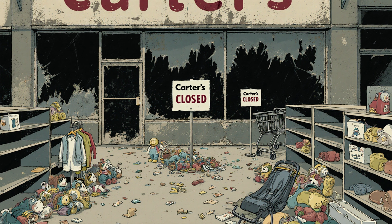Empty shelves display discarded toys and clothing with Closed signs highlighting Carter's store closures and abandonment