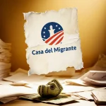 Faded Casa del Migrante logo floats above cluttered desk with unpaid bills and crumpled dollar bill symbolizing budget cut.