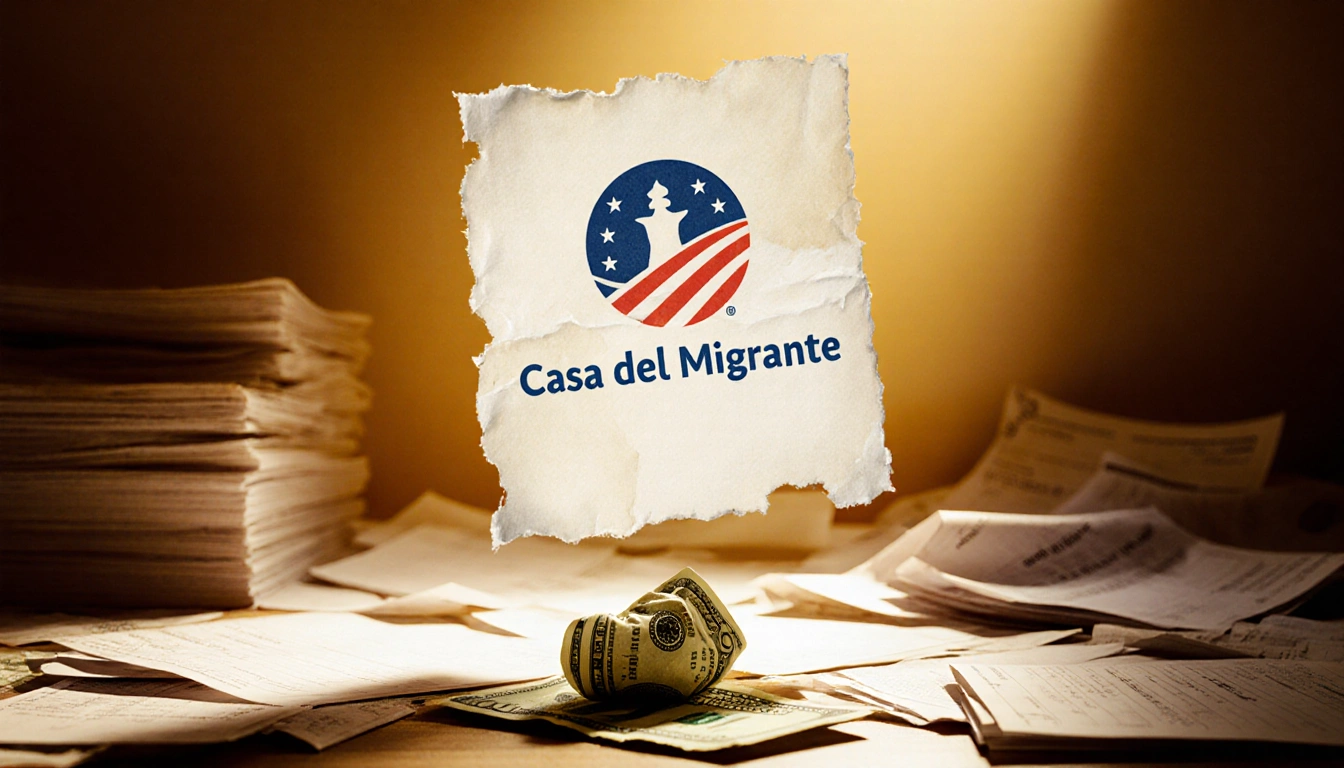 Faded Casa del Migrante logo floats above cluttered desk with unpaid bills and crumpled dollar bill symbolizing budget cut.