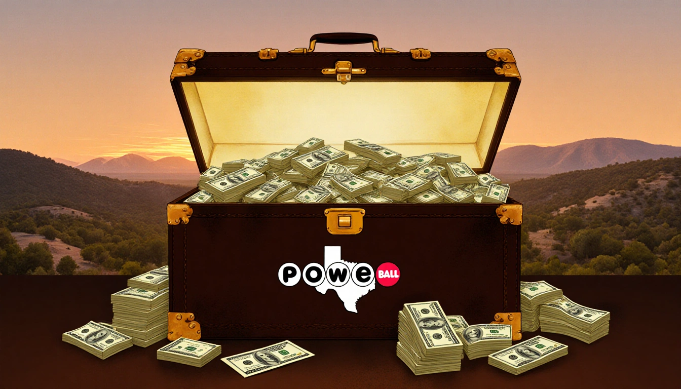 Illuminated briefcase overflowing with $100 bills with a faint Powerball logo and a Texas Hill Country sunset backdrop