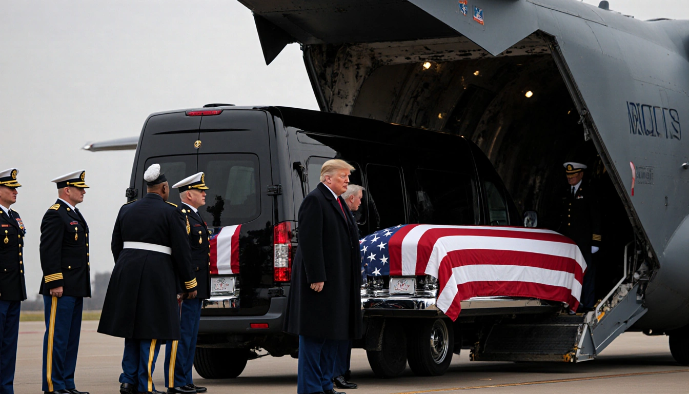 President Trump lifts a flag-draped casket onto a dark van with General Caine beside him in a solemn procession.