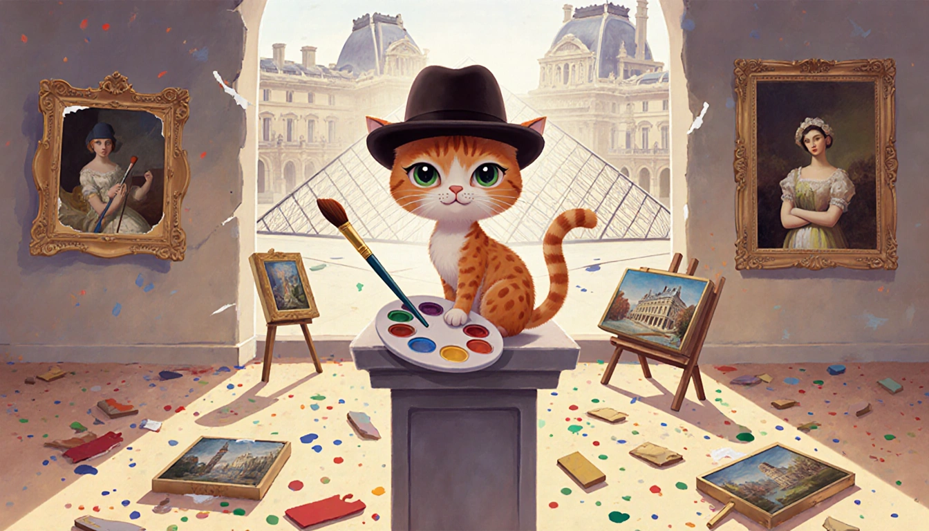 Cat perched on pedestal holding paintbrush with fedora near scattered artworks in playful gallery.