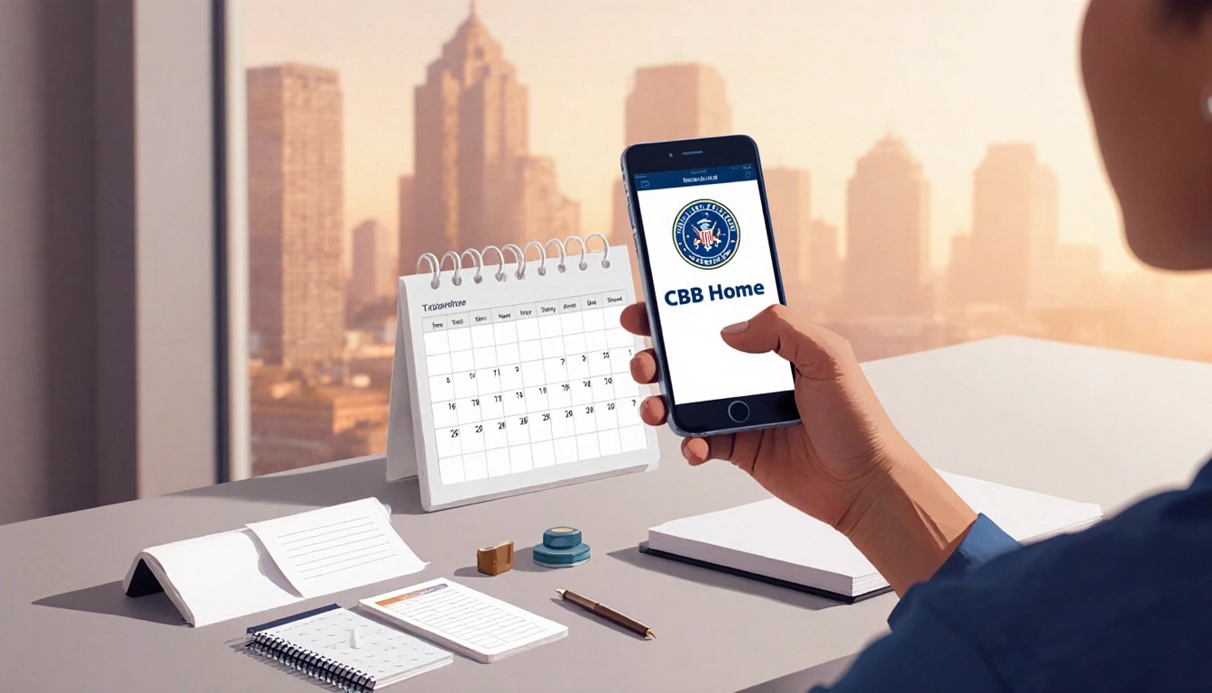 Person holding smartphone showing CBP Home app with calendar timeline for return journey on desk blurred city background.