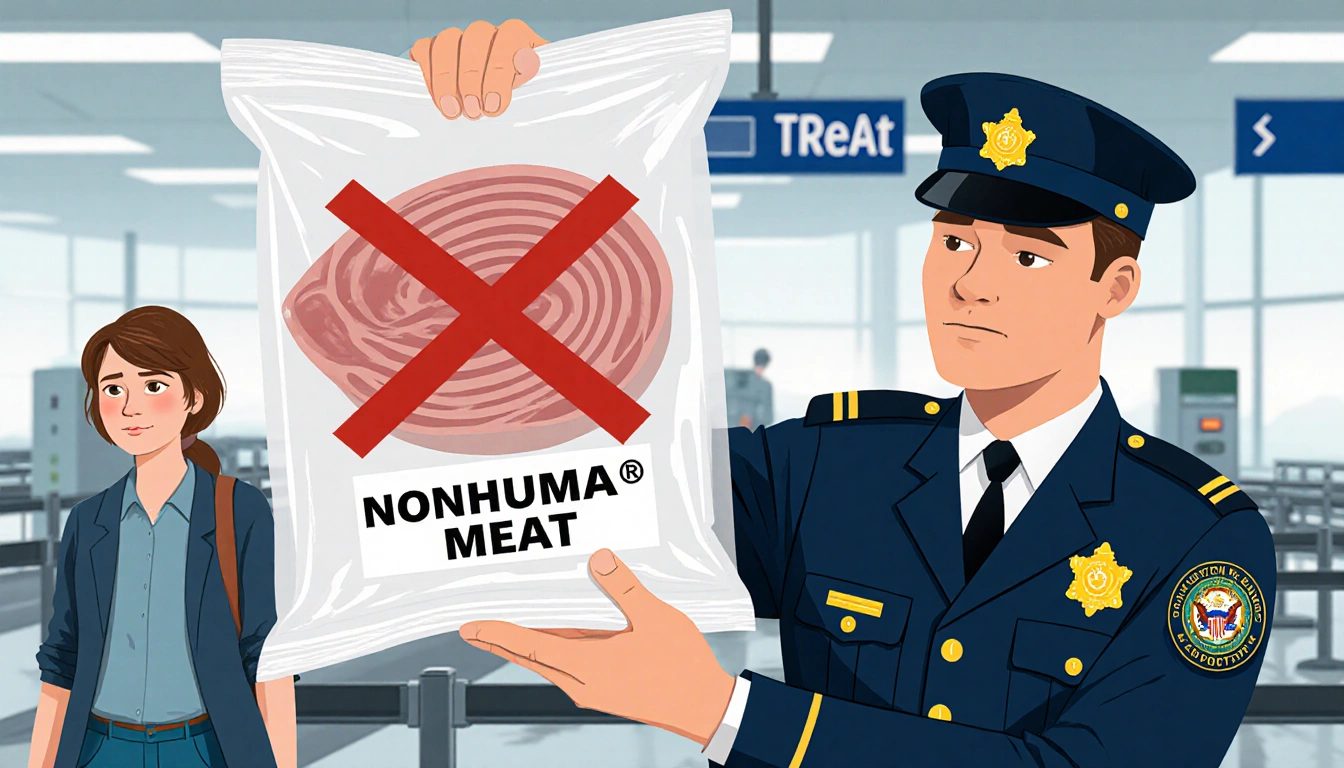 Customs officer holding package with red X and Nonhuman meat label while confused passenger watches near airport security.