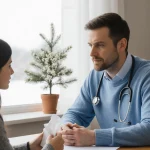 Doctor leaning over patient with box of tissues and a potted cedar tree in winter morning office