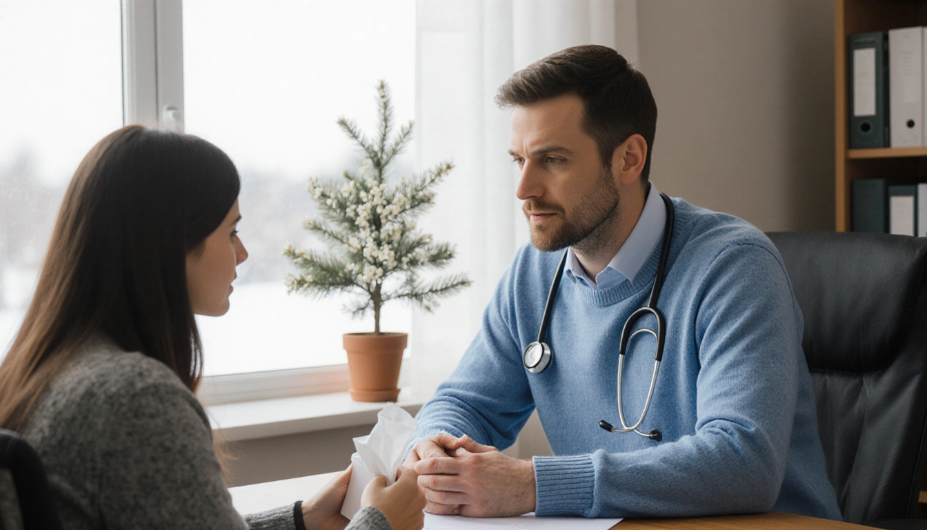 Doctor leaning over patient with box of tissues and a potted cedar tree in winter morning office