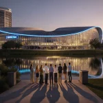 Employees looking up at the neon‑lit futuristic headquarters with calm lake reflections