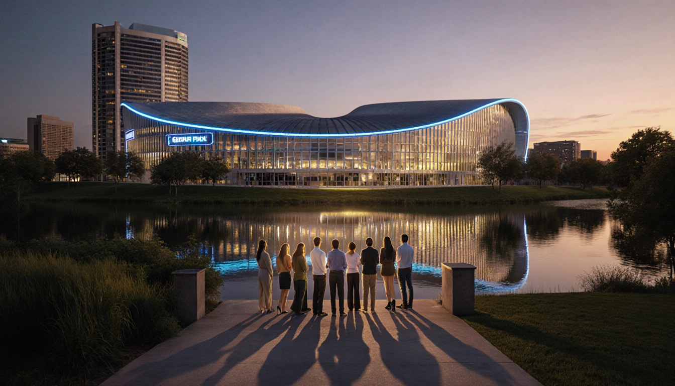 Employees looking up at the neon‑lit futuristic headquarters with calm lake reflections