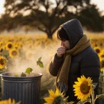 Austin resident coughing into a scarf-covered trash can with golden sunflowers and a cedar tree in background