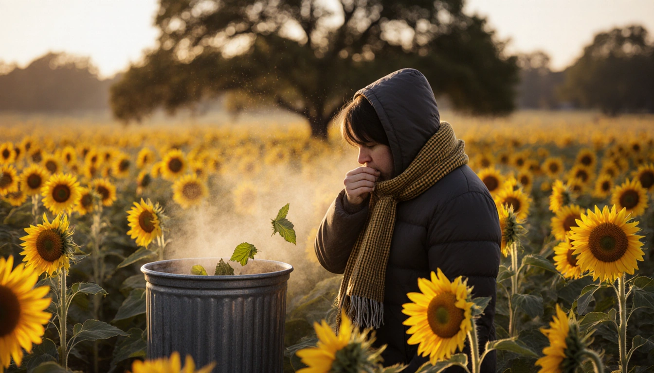 Austin resident coughing into a scarf-covered trash can with golden sunflowers and a cedar tree in background