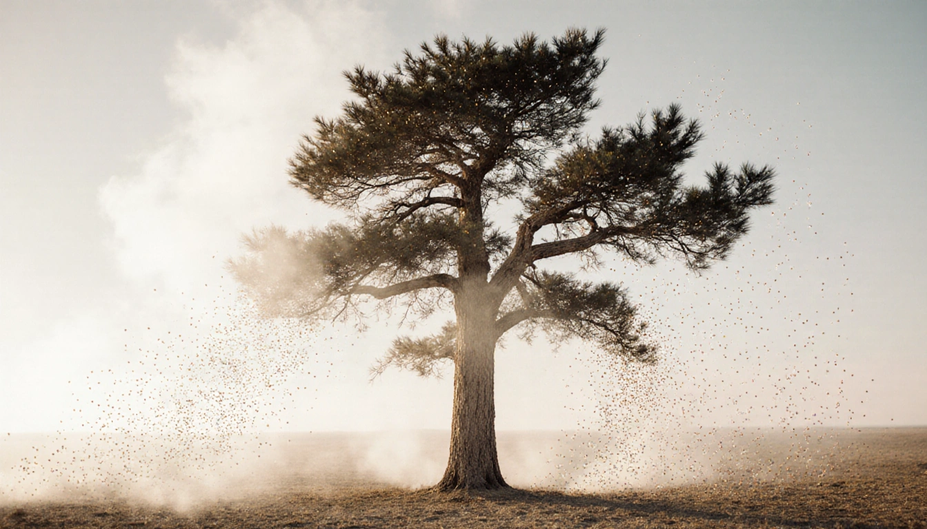 Male cedar tree standing tall with shimmering pollen grains drifting around in a dry landscape