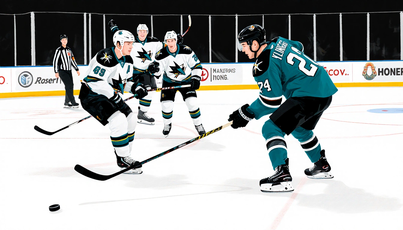 Celebrini delivering an assist to Klingberg with puck toward net while teammates and Sharks celebrate hockey goal.