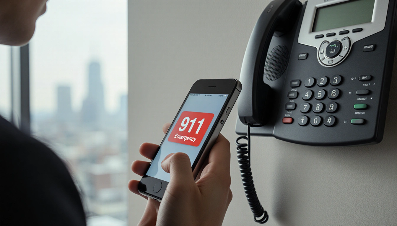 Person holding a cell phone with a dead landline cord nearby and a red 911 button highlighted on the screen