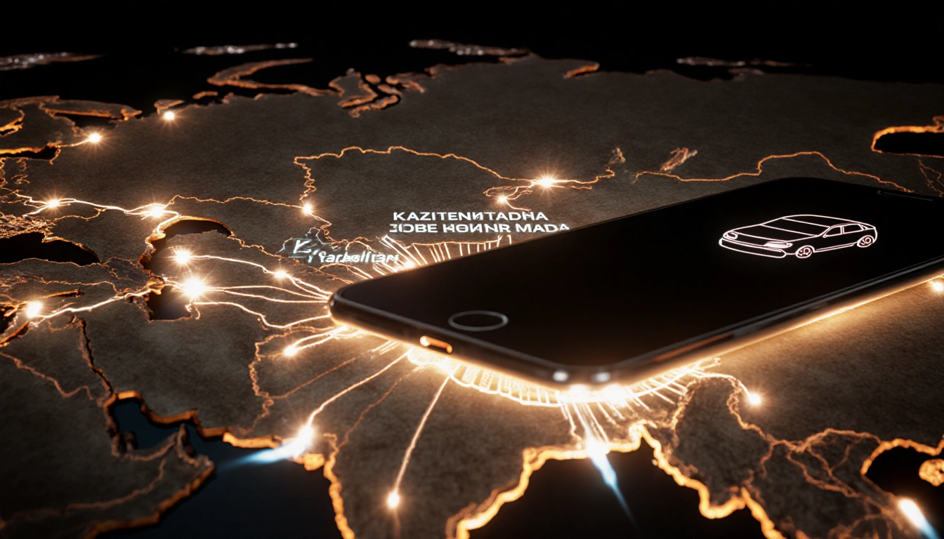 Asian map showing paths from Kazakhstan and Uzbekistan with mineral layers and a smartphone outline