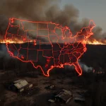 Flames lick trees and abandoned buildings with a red glow highlighting Central Texas wildfires.