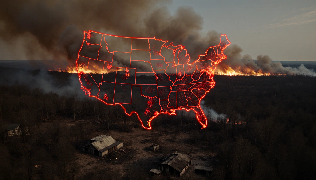Flames lick trees and abandoned buildings with a red glow highlighting Central Texas wildfires.