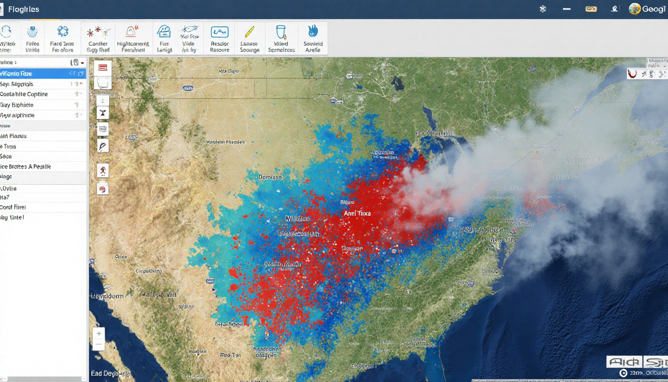 Map displays Central Texas wildfires with bright red uncontained fires and blue-green controlled fires and rising smoke.