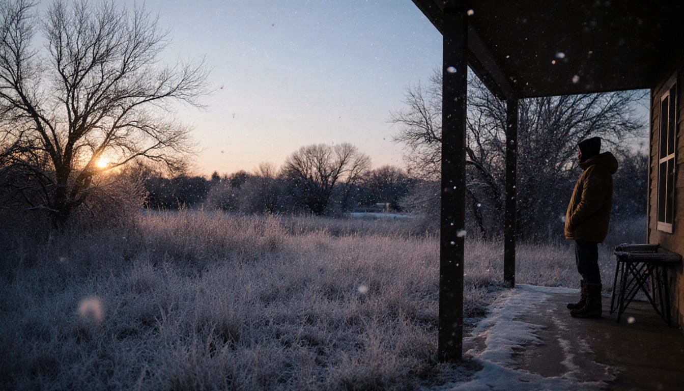 Figure bundled in winter coat standing under porch gazing at snowy landscape with frosted grass and soft dusk light