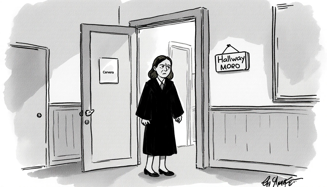 Cervera steps out of courtroom into hallway wearing judicial robe with irritated expression near hallway door