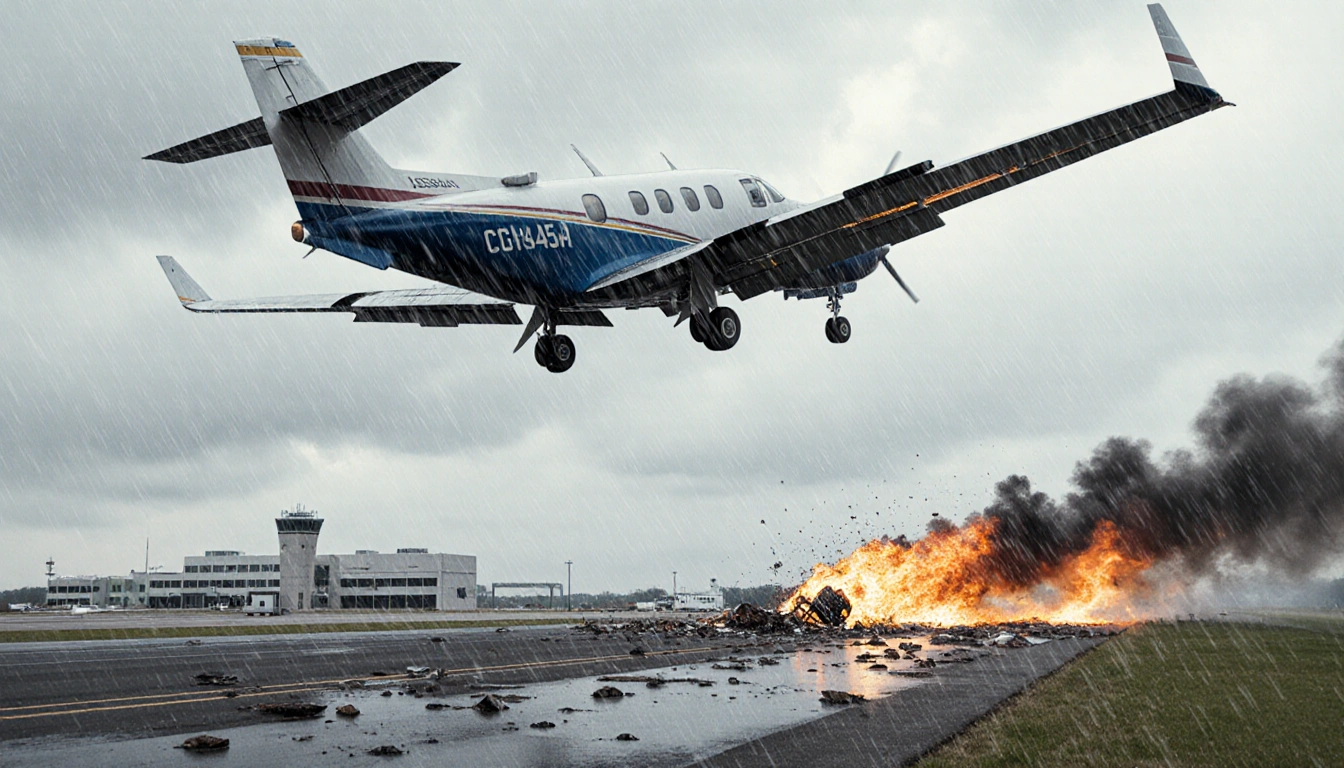 Cessna C550 jet flying toward runway in clouds with debris erupting near Statesville Regional Airport