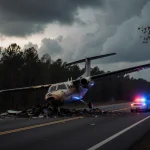 Charred Cessna C550 lies on its side on a North Carolina highway with debris and a police car flashing lights nearby sky.