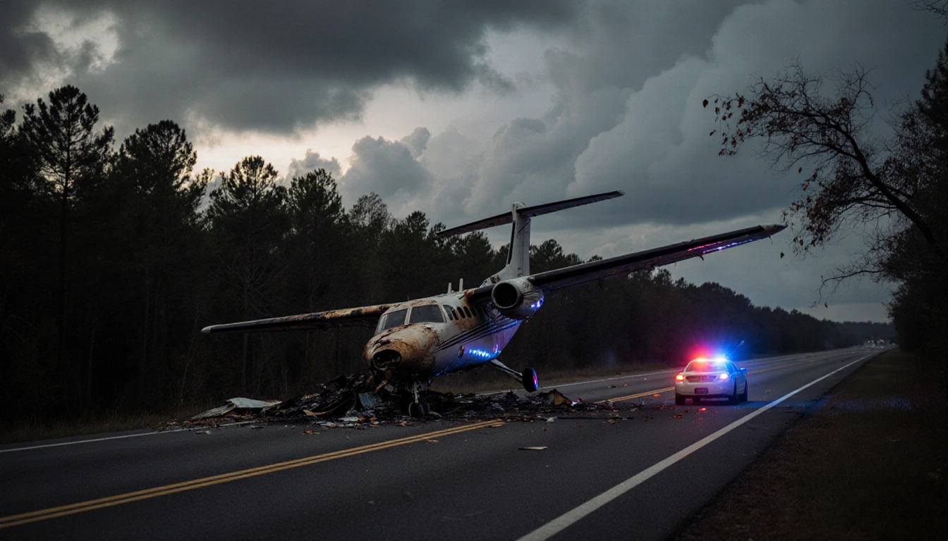 Charred Cessna C550 lies on its side on a North Carolina highway with debris and a police car flashing lights nearby sky.