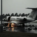Cessna C550 business jet lies on its side with flames and twisted metal showing through fire and debris scattered in NC