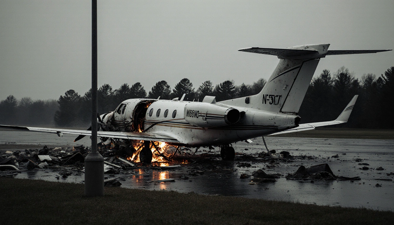 Cessna C550 business jet lies on its side with flames and twisted metal showing through fire and debris scattered in NC