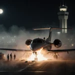 Cessna C550 jet crashing into misty runway with flames erupting from cockpit and emergency vehicles surrounding wreckage.