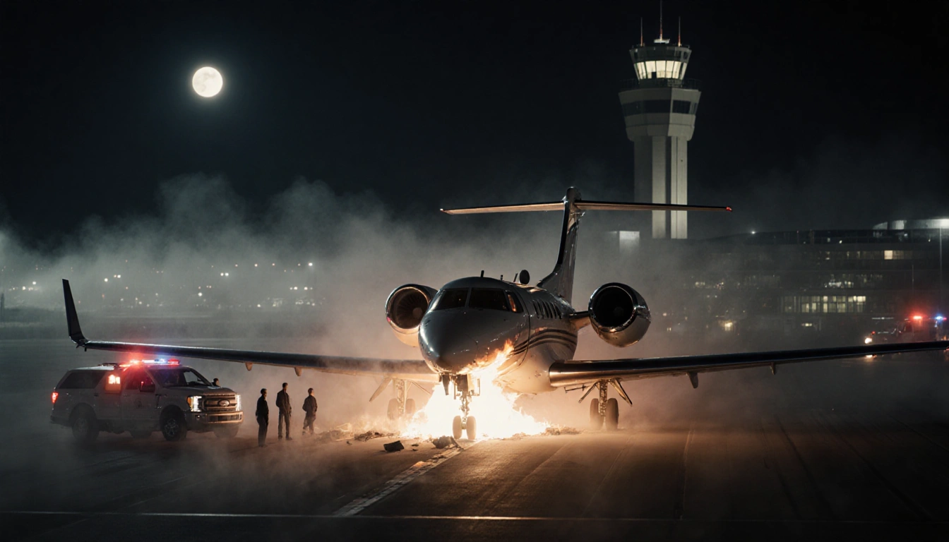 Cessna C550 jet crashing into misty runway with flames erupting from cockpit and emergency vehicles surrounding wreckage.