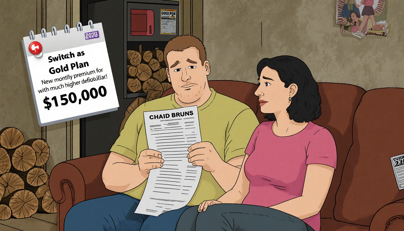 Chad holding $1,600 premium bill with Kelley looking worried and a 2026 deadline calendar in background