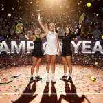 Aryna Sabalenka stands triumphantly with confetti and tennis fans and a banner reading WTA Player of the Year in the backgrou