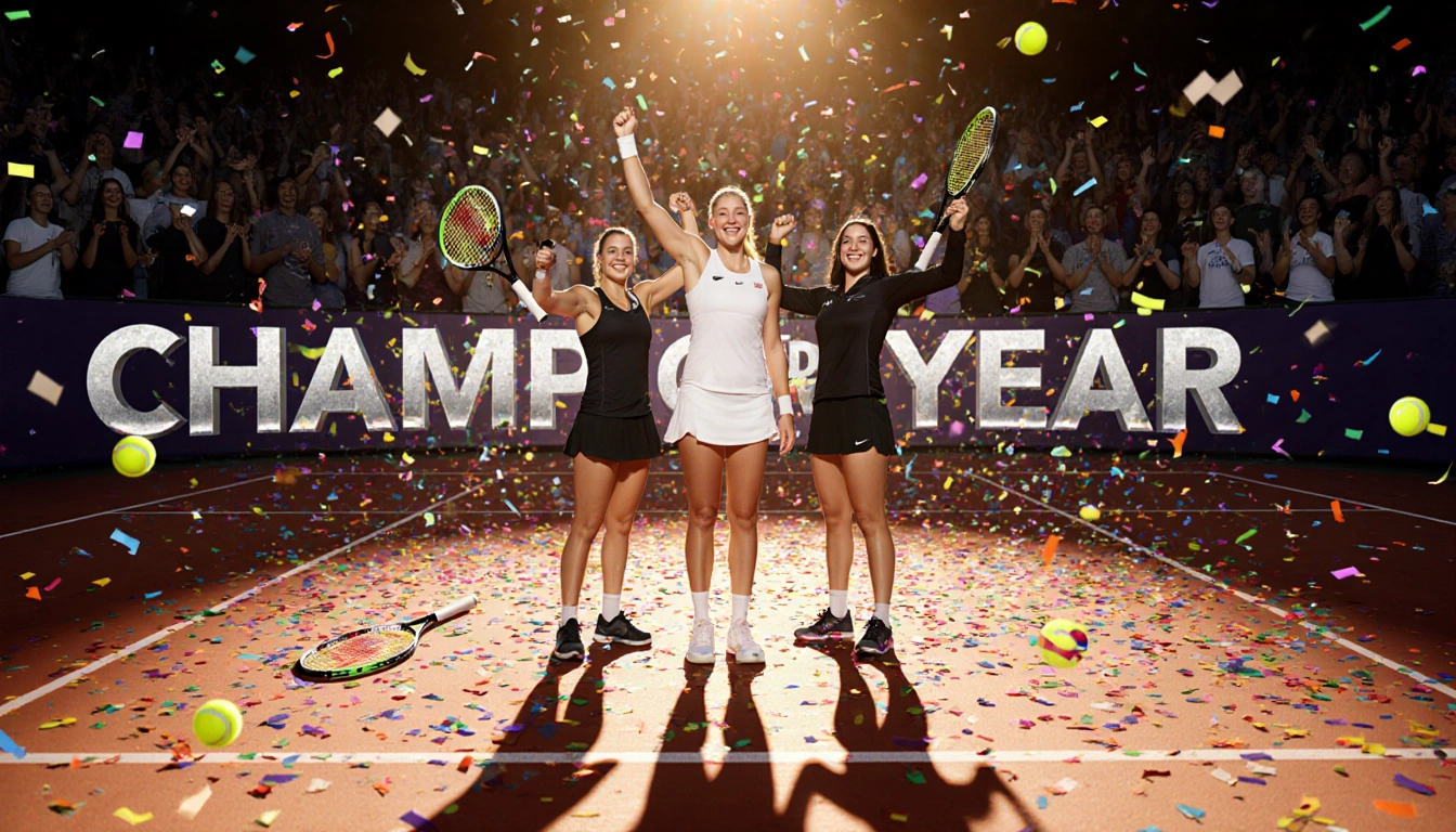 Aryna Sabalenka stands triumphantly with confetti and tennis fans and a banner reading WTA Player of the Year in the backgrou