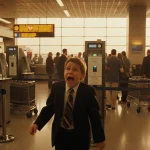 Young child darting through a chaotic airport with security checkpoints and golden lighting