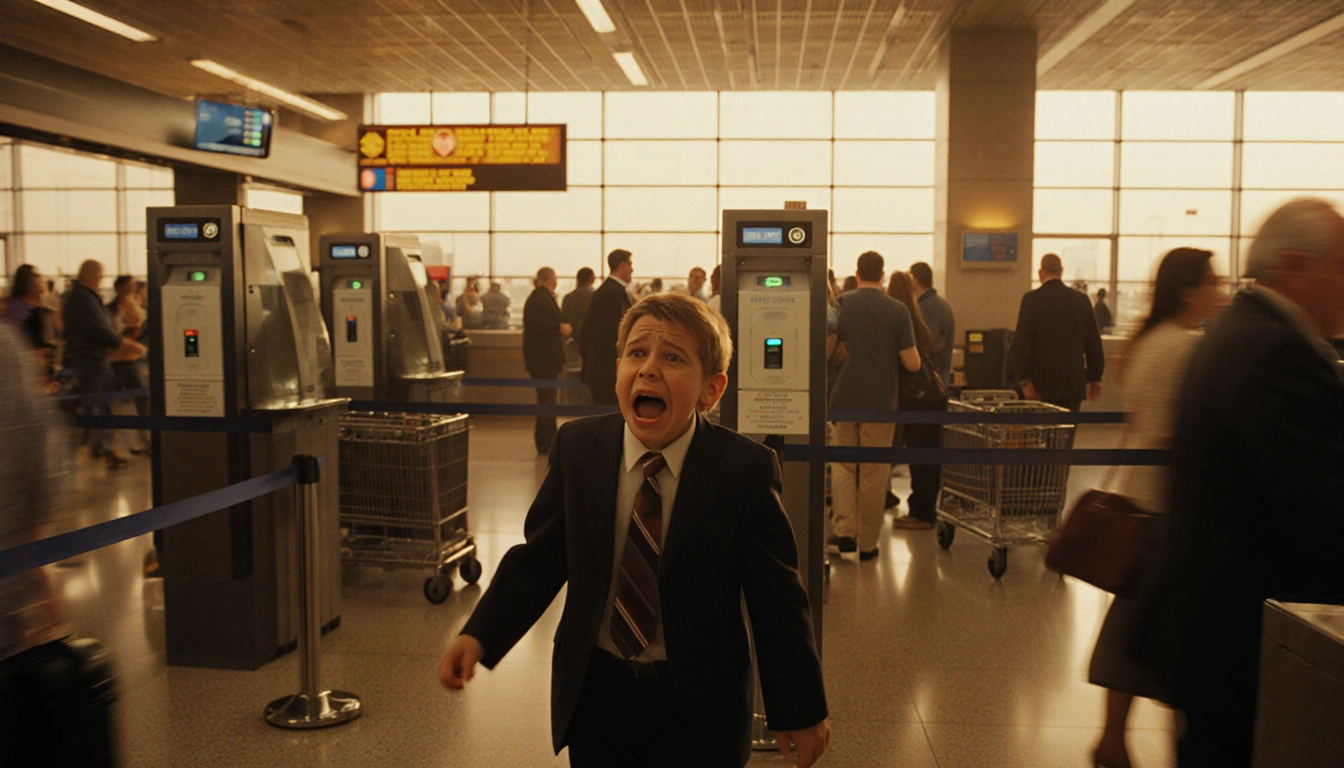 Young child darting through a chaotic airport with security checkpoints and golden lighting