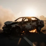 Charred car smoking on State Highway 130 at dawn with misty fog and sunrise shadows