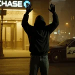 Hoodie figure raising hands in surrender with Chase Bank neon lights and vehicle logo in background.
